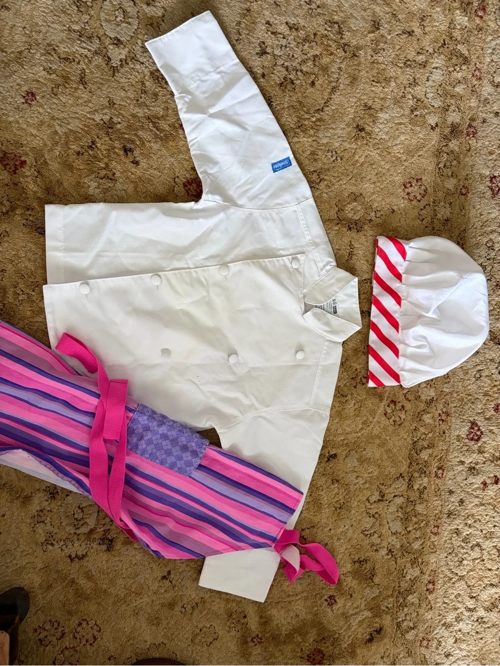 GUC Child's Chef Jacket w/ Pink & Purple Striped Apron and Red-Trim Chef hat